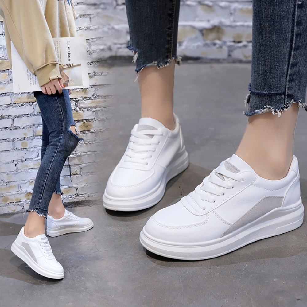 White Women Breathable Leather Thick-Soled Casual Shoes Sports Running Shoes