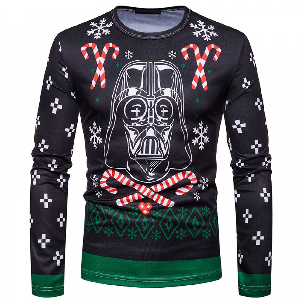 New 3D Personality Printing Fashion Men's Christmas Skull Pattern Long-Sleeved T-Shirt