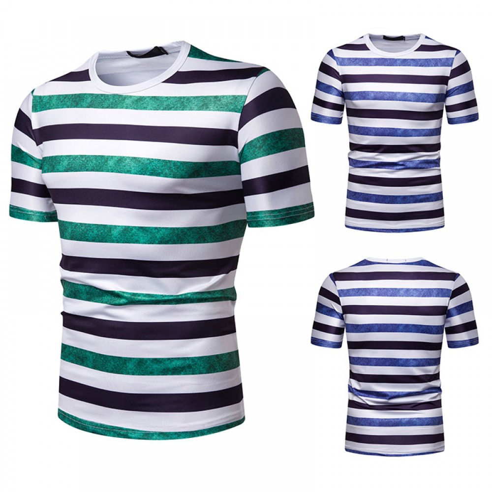 New Summer Men's Short-Sleeved T-Shirt Contrast Striped Slim Casual T-Shirt