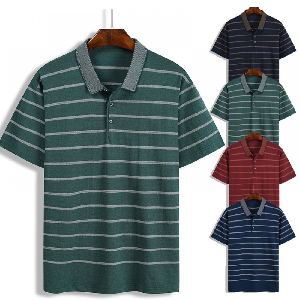 New Summer Men's Pullover Loose Striped Lapel T-Shirt Short Sleeve