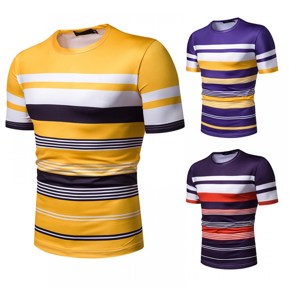 Men's Short-Sleeved T-Shirt Contrast Striped Slim-Fit Casual T-Shirt