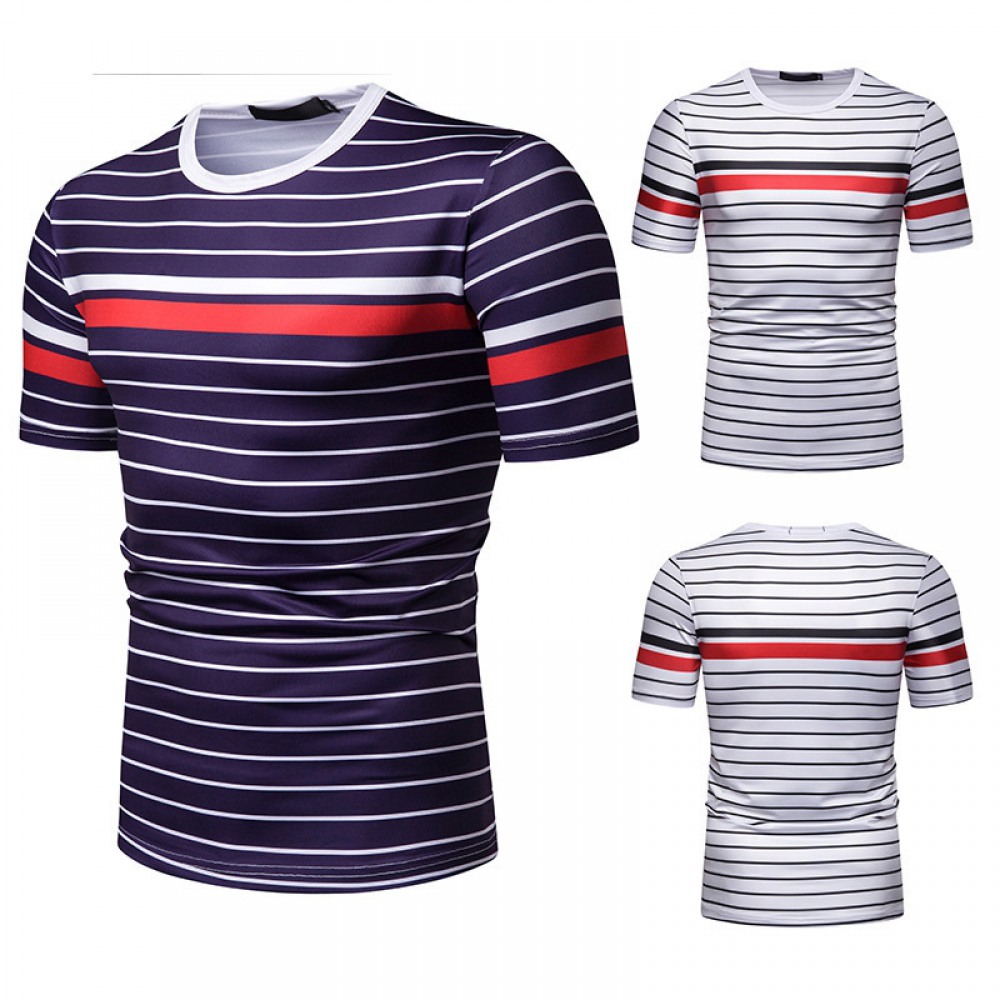 New Summer Men's Short-Sleeved T-Shirt Contrast Striped Slim Casual T-Shirt